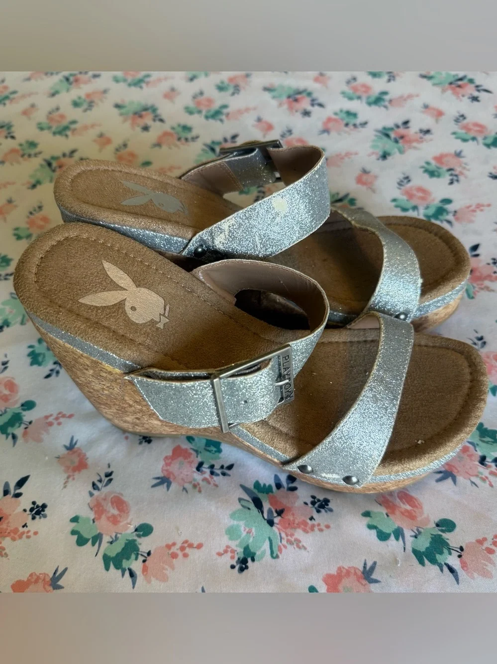 Playboy Silver Glitter Wedges